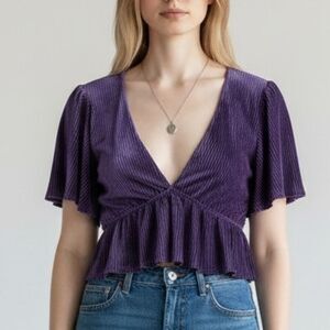 Urban Outfitters Ribbed Velvet V-Neck Ruffle Crop Top